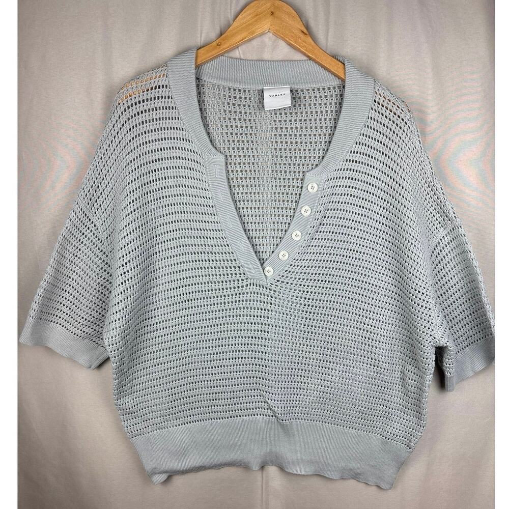 Varley Callie Knit Top Women sz XL Lt Grey Cotton Open Knit Henley Short Sleeve